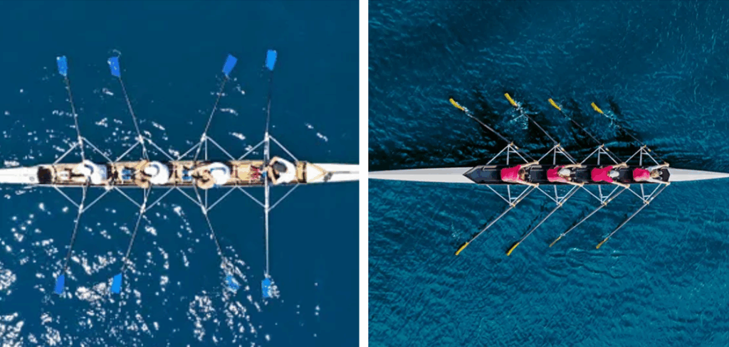 Two teams of rowers racing