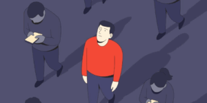 Illustration of man looking up from a crowd of unaware people