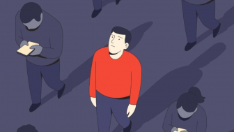 Illustration of man looking up from a crowd of unaware people